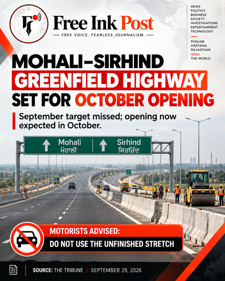 Mohali–Sirhind Greenfield Highway Expected to Open in October